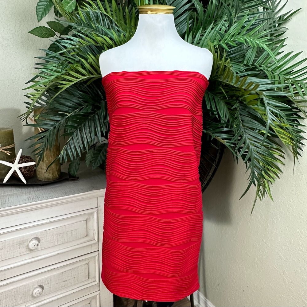 BRAT STAR - L Red Wavy Stretch Pencil Skirt-Dress Two-In-One Elastic Waist-Top